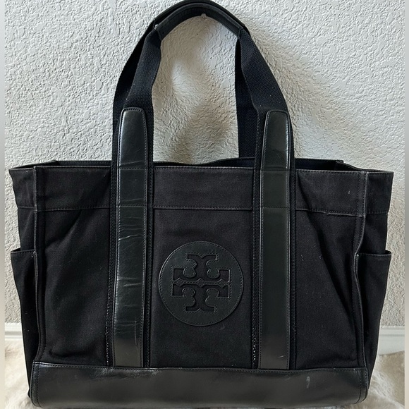 Tory Burch Black Canvas Tote with Leather Trim - Picture 1 of 11